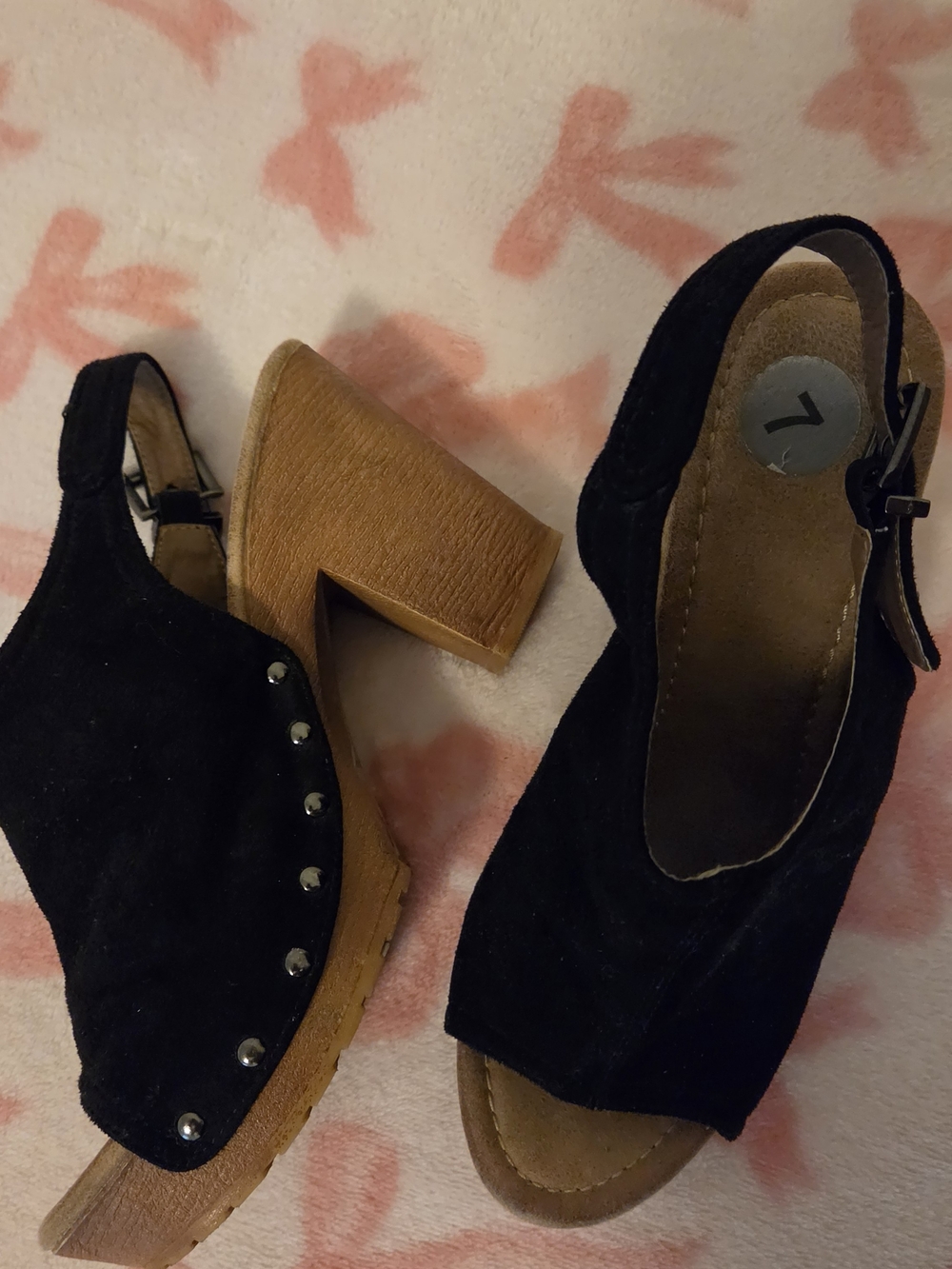 Black Suede Open-Toe Block Heel Sandals